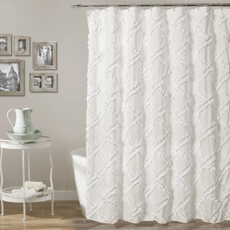 Lush Decor Ruffle Diamond Shower Curtain 72 x 72 in - Polyester ruffle embroidery, OEKO-TEX STANDARD 100, soft textured decorative bathroom curtain for tub, neutral gray white blush ivory