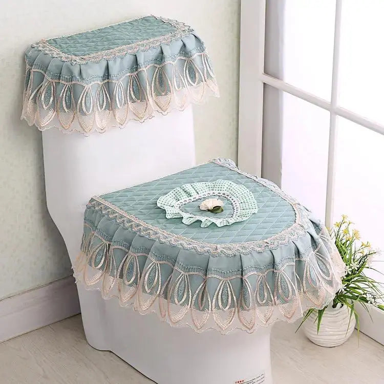 Elegant Solid 3-Piece Luxury Velvet Lace Toilet Accessories Set - Skirted Lace Trim, Commode Cushion, Water Tank Cover, Toilet Paper Holder Cover, Home Interior Decoration for Household Bathroom Upgrade, Toilet Accessories Cover, Bathroom Decor