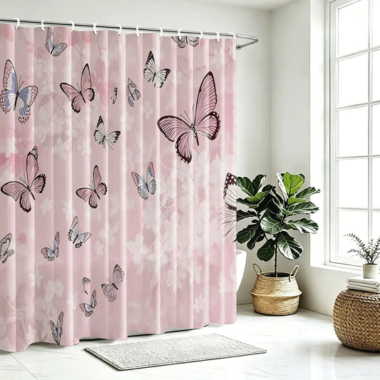 oho Pastel Pink Butterfly Floral Bathroom Waterproof Shower Curtain, Soft Blush Pink Base with Elegant Colorful Butterflies and Transparent Flower Pattern, Water Resistant Fabric for Cottage, Farmhouse and Girls Aesthetic Bathroom Interior Decor