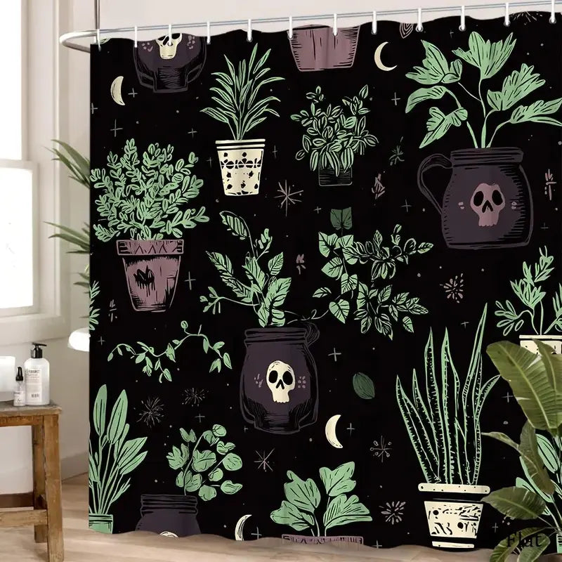 Gothic Black & Green Polyester Botanical Skull Shower Curtain - 70.8x70.8in, 12 Hooks, Easy-Clean, Single Set, Modern, Animals/Plants/Geometric Design, Free Bathroom Window Cover for Spooky Home Decor, 2D Flat, Floral