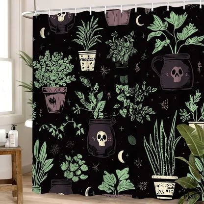 Gothic Black & Green Polyester Botanical Skull Shower Curtain - 70.8x70.8in, 12 Hooks, Easy-Clean, Single Set, Modern, Animals/Plants/Geometric Design, Free Bathroom Window Cover for Spooky Home Decor, 2D Flat, Floral