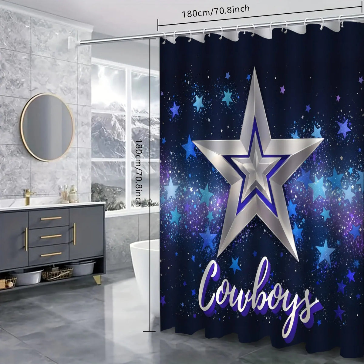 LVRLVR 4Pcs Dallas Cowboys Silver Star Galaxy Print Sports Fan Style Multi-Color Bathroom Shower Curtain Set 70.8×70.8 Inch